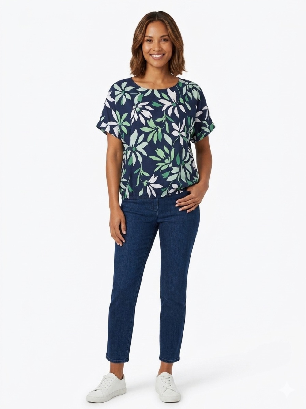 Liz Claiborne NWOT Linen Blend Navy Short-Sleeve Floral Pullover Top No Stretch